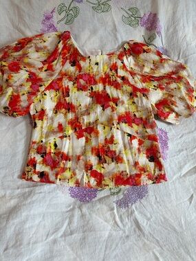 Dkny Floral Puff-Sleeve Blouse - White with Red & Yellow